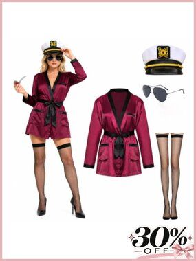 Red satin robe captain costume set with hat pipe glasses